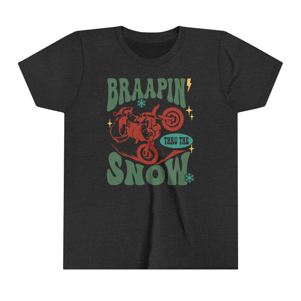 Braapin' Thru the Snow Santa on Dirt Bike Youth Short Sleeve Tee | Kids Moto Tees | Youth Merry Christmas Moto Shirt