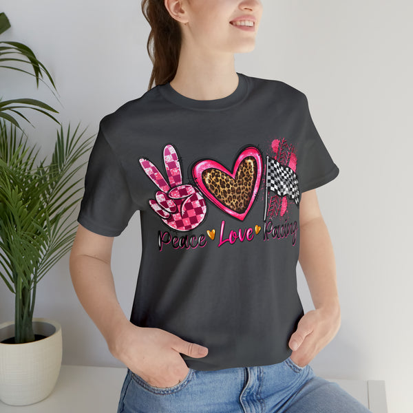 Peace Love Racing Hot Pink and Leopard Adult Unisex Jersey Short Sleeve Tee