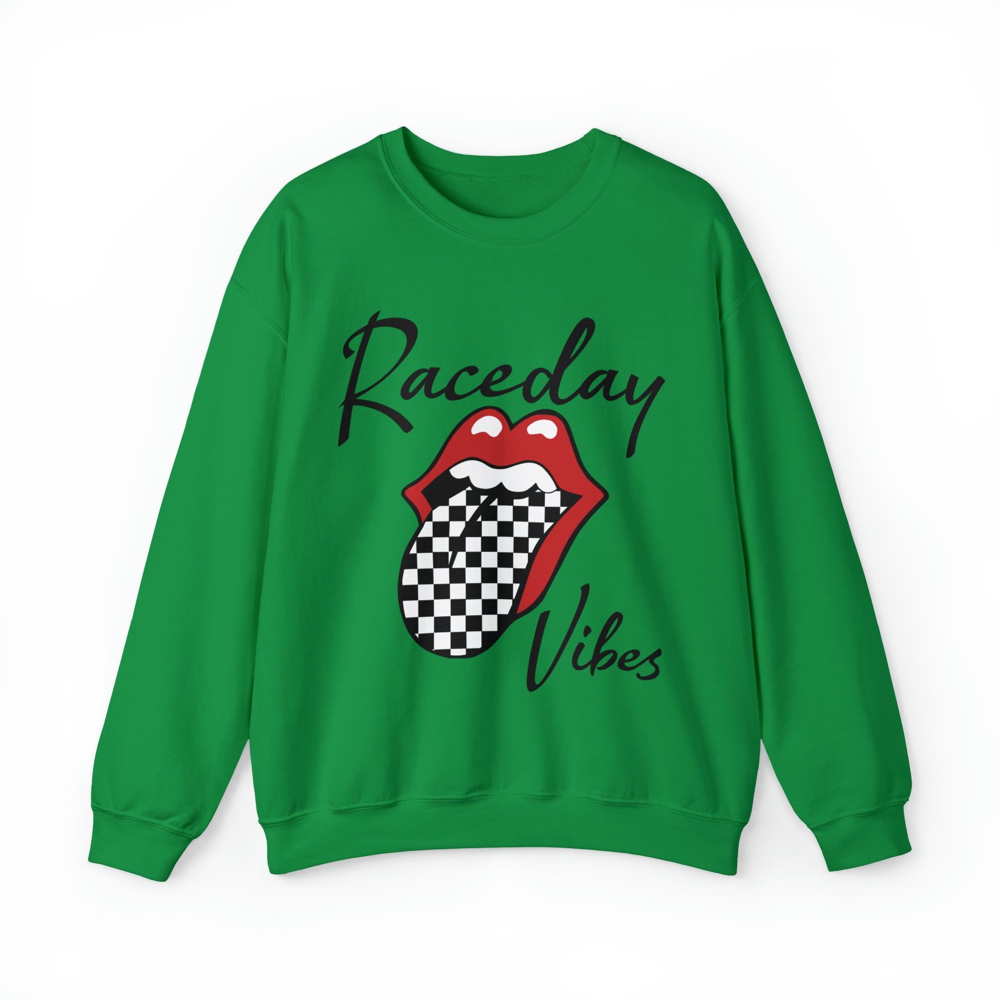 Raceday Vibes with Checkered Tongue Adult Unisex Heavy Blend™ Crewneck Sweatshirt | Rad Race Day Vibes Sweatshirt