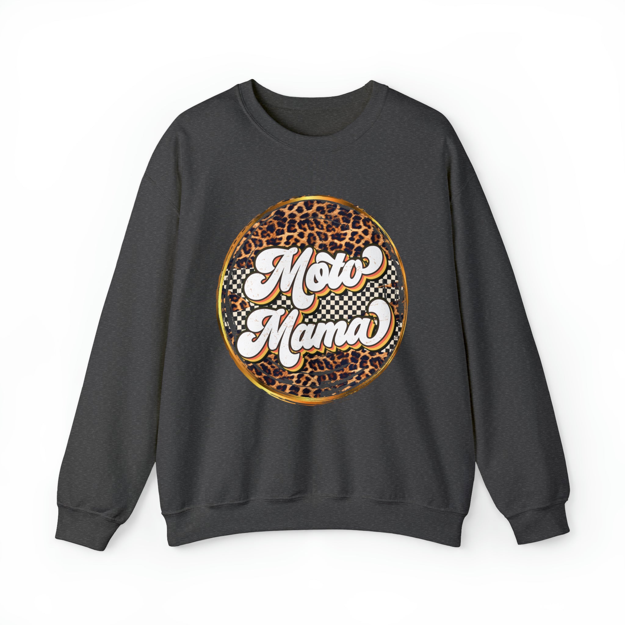 Moto Mama with Leopard and Checkered Pattern Adult Unisex Heavy Blend™ Crewneck Sweatshirt | Moto Mama Leopard Sweatshirt