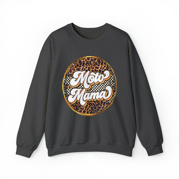 Moto Mama with Leopard and Checkered Pattern Adult Unisex Heavy Blend™ Crewneck Sweatshirt | Moto Mama Leopard Sweatshirt