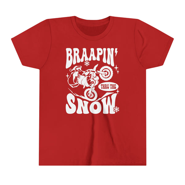 Braapin' Thru the Snow Santa on Dirt Bike Youth Short Sleeve Tee | Kids Moto Tees | Youth Merry Christmas Moto Shirt