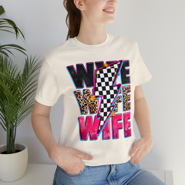 Race Wife with Checkered Lightning Bolt Adult Unisex Jersey Short Sleeve Tee