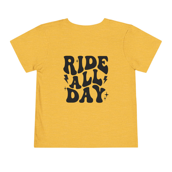 Retro Groovy Ride All Day with Shaka Hand Front and Back Toddler Short Sleeve Tee | Kids Race Girl Shirt | Ride Toddler Pit Crew T-Shirt