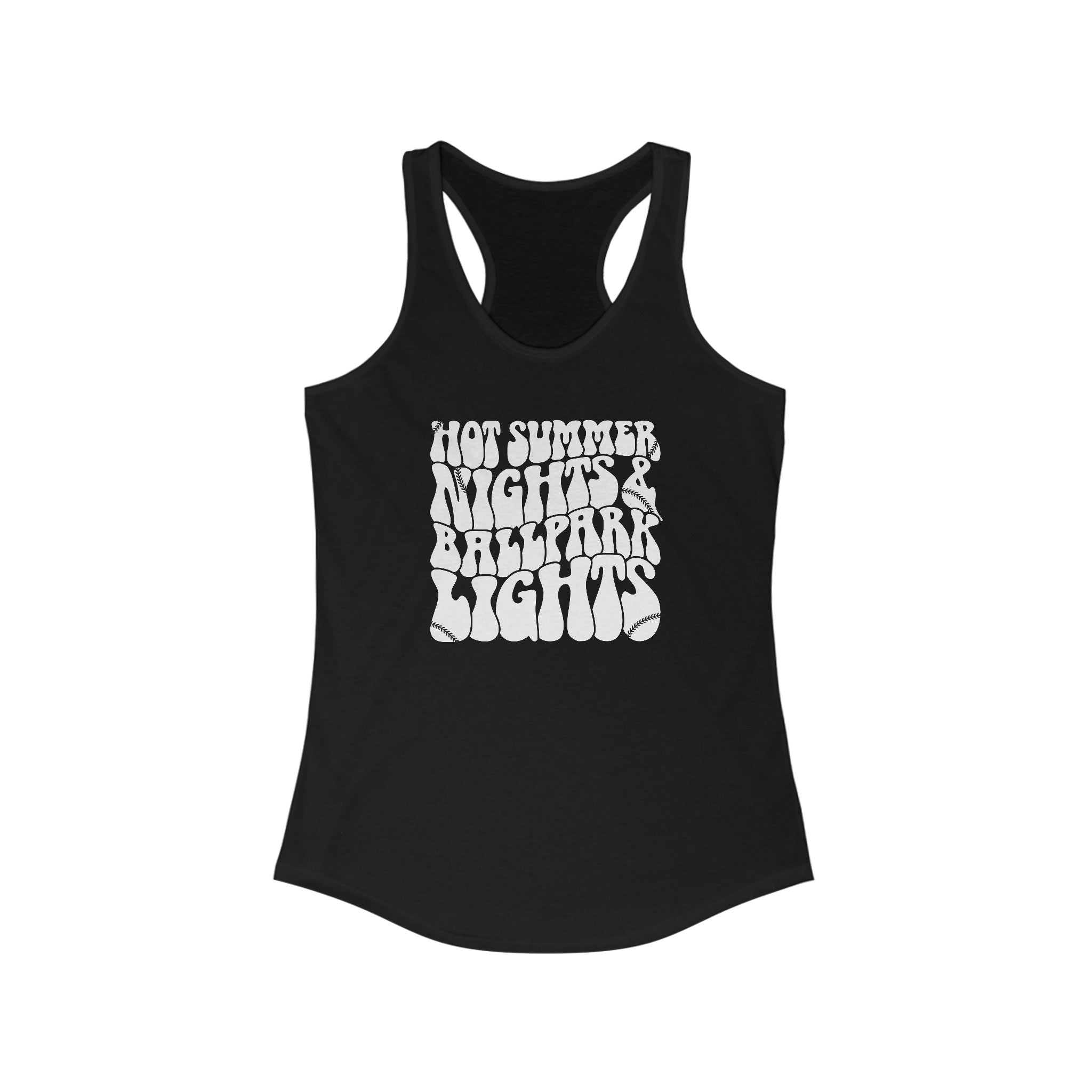 Hot Summer Nights and Ballpark Lights Ladies Ideal Racerback Tank | Number One Fan Baseball or Softball Mom or Girlfriend Game Day Tank