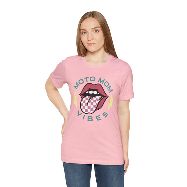 Moto Mom Vibes Adult Unisex Jersey Short Sleeve Tee | Moto Mom Race Day Shirt | MX Motocross Dirt Track Shirts Lips Tongue Lightning Bolt