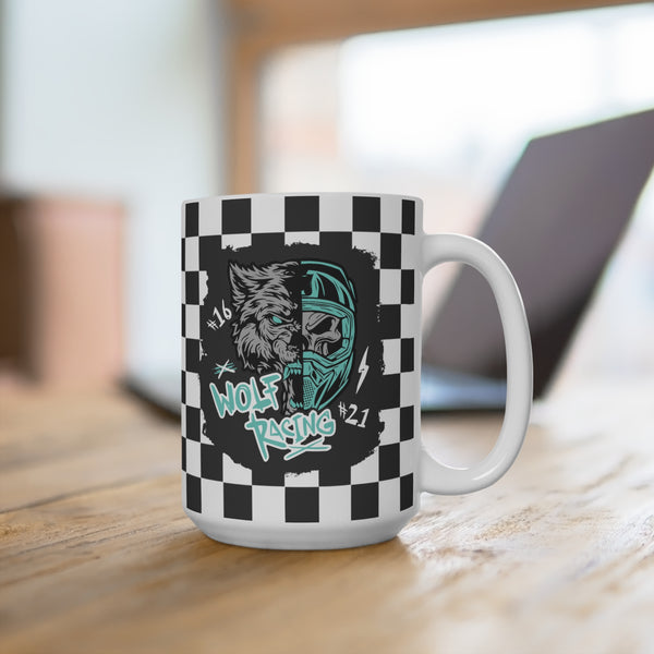 Wolf Racing with Checkered Flag Background Ceramic Coffee Mug 15oz | Moto Mom Coffee Mug