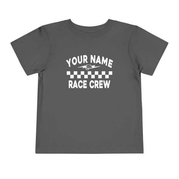 Personalized Your Name Race Crew with Fist and Lightning Bolt Toddler Short Sleeve Tee | Kids Race Girl Shirt | Race Toddler Pit Crew T-Shirt