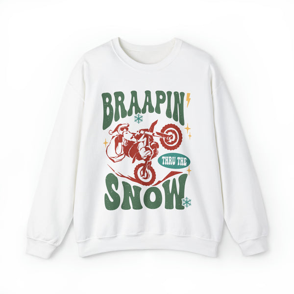Braapin' Thru the Snow Moto Adult Unisex Heavy Blend™ Crewneck Sweatshirt | Santa on Dirt Bike Christmas Crewneck Sweatshirt