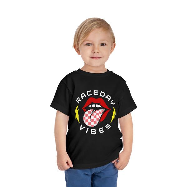 Raceday Vibes Toddler Short Sleeve Tee | Kids Race Day Toddler T-Shirt | SxS Moto Dirt Track Car Racing Shirts Lips Tongue Lightning Bolt