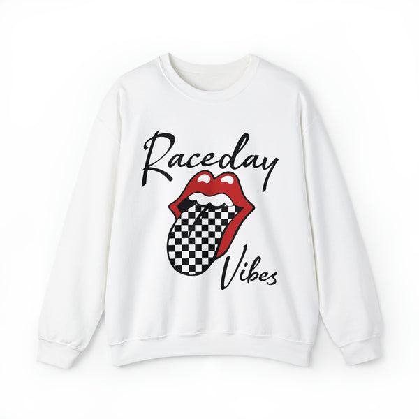 Raceday Vibes with Checkered Tongue Adult Unisex Heavy Blend™ Crewneck Sweatshirt | Rad Race Day Vibes Sweatshirt