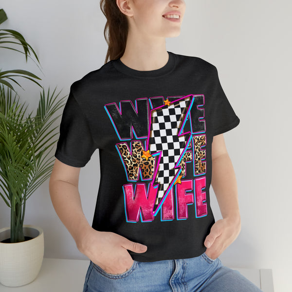 Race Wife with Checkered Lightning Bolt Adult Unisex Jersey Short Sleeve Tee