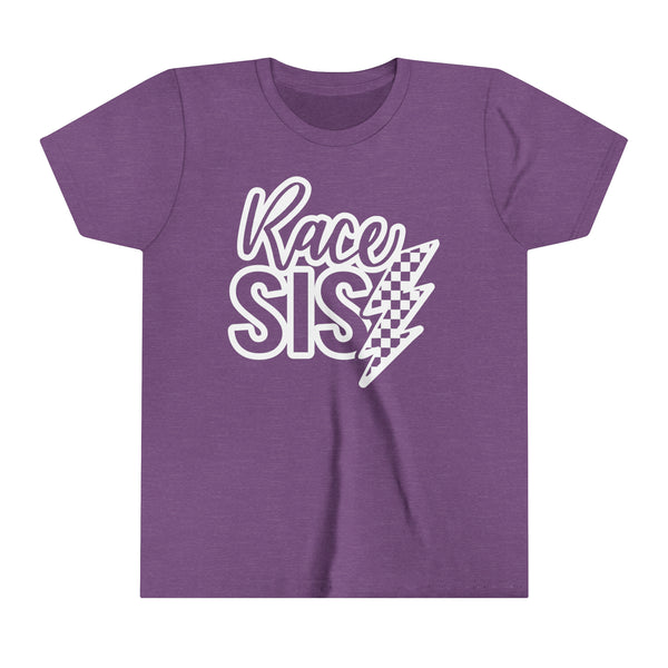 Race Sis With Checkered Lightning Bolt Youth Short Sleeve Tee | Kids Race Day Youth T-Shirt | SxS MX BMX Go Kart Dirt Track Car Race Sister