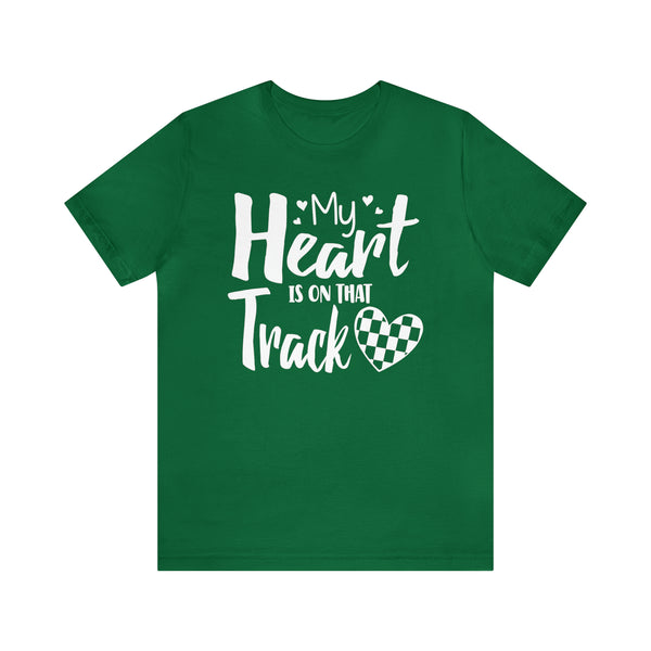 My Heart is on that Track with Checkered Heart Adult Unisex Jersey Short Sleeve Tee | Racer's Wife Mom Girlfriend Shirt