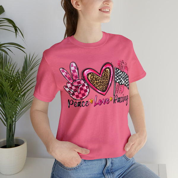 Peace Love Racing Hot Pink and Leopard Adult Unisex Jersey Short Sleeve Tee