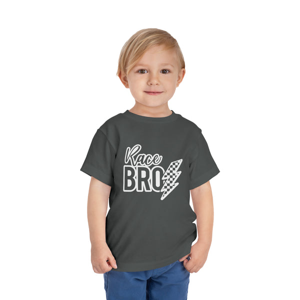 Race Bro With Checkered Lightning Bolt Toddler Short Sleeve Tee | Kids Race Day Toddler T-Shirt | SxS Moto Dirt Track Car Racing Shirt