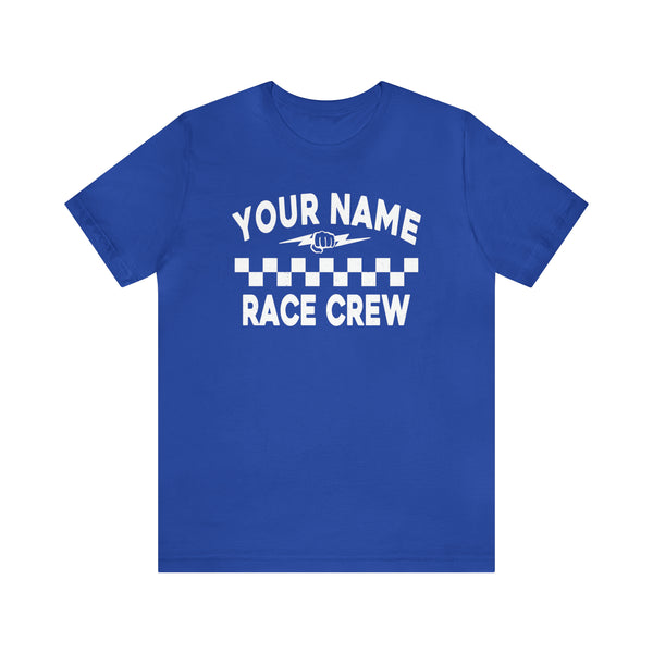 Personalized Your Name Race Crew with Fist and Lightning Bolt Adult Unisex Jersey Short Sleeve Tee | Race Crew Race Day Shirt