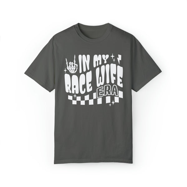 In My Race Wife Era Adult Unisex Garment-Dyed T-shirt | Funny Racing Themed Tee with Checkerboard Pattern