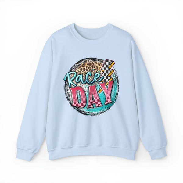 Race Day with Checkered Lightning Bolt Adult Unisex Heavy Blend™ Crewneck Sweatshirt | Leopard Print Race Day Crewneck Sweatshirt