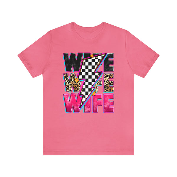 Race Wife with Checkered Lightning Bolt Adult Unisex Jersey Short Sleeve Tee