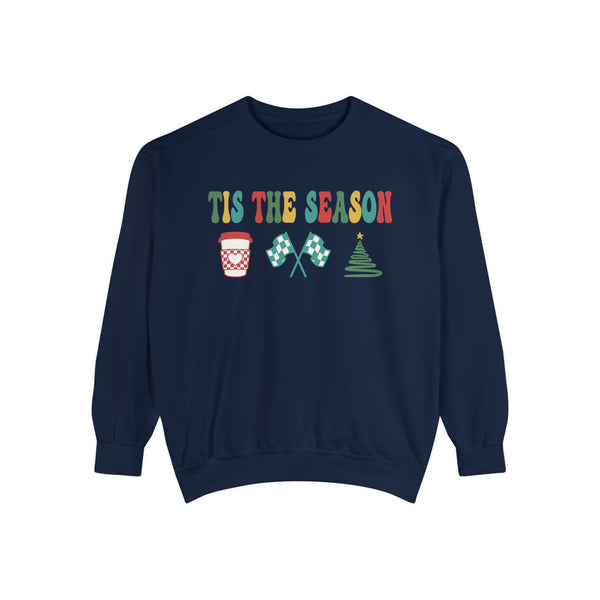 Tis the Season for Coffee Racing and Christmas Adult Unisex Garment-Dyed Sweatshirt | Racing Themed Christmas Sweatshirt