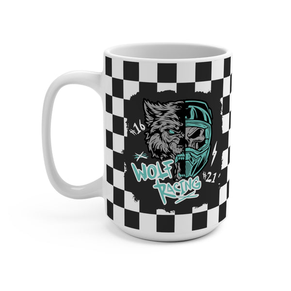 Wolf Racing with Checkered Flag Background Ceramic Coffee Mug 15oz | Moto Mom Coffee Mug