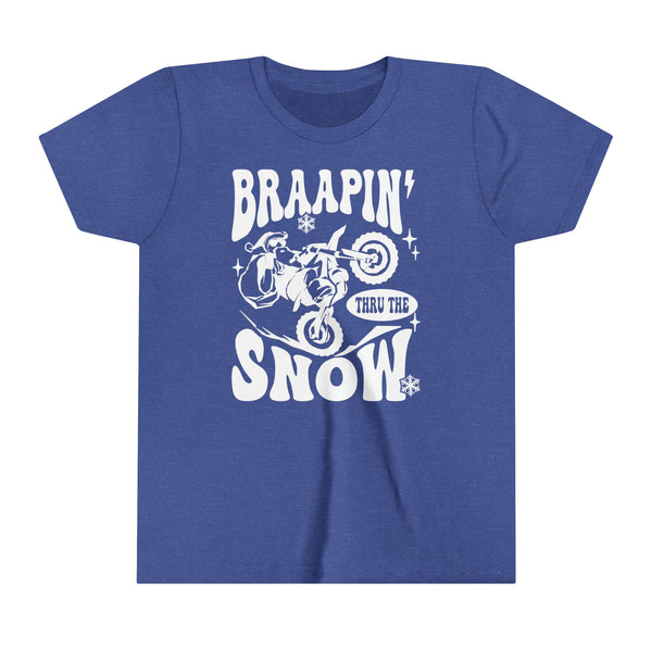 Braapin' Thru the Snow Santa on Dirt Bike Youth Short Sleeve Tee | Kids Moto Tees | Youth Merry Christmas Moto Shirt