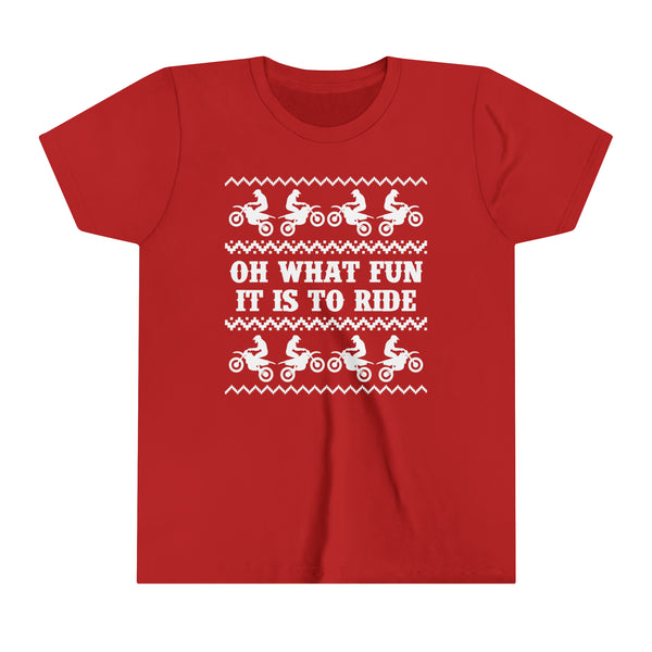 Oh What Fun It Is To Ride Dirt Bike Youth Short Sleeve Tee | Kids MX Motocross Moto Tees | Youth Merry Christmas Dirt Bike Shirt