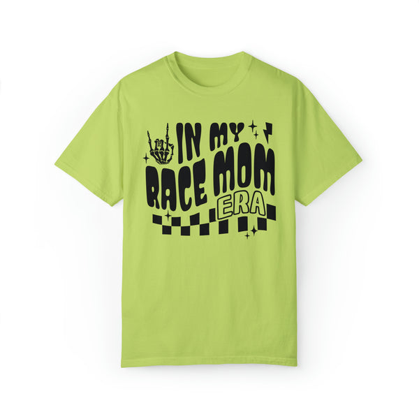 In My Race Mom Era Adult Unisex Garment-Dyed T-shirt | Funny Racing Themed Tee with Checkerboard Pattern