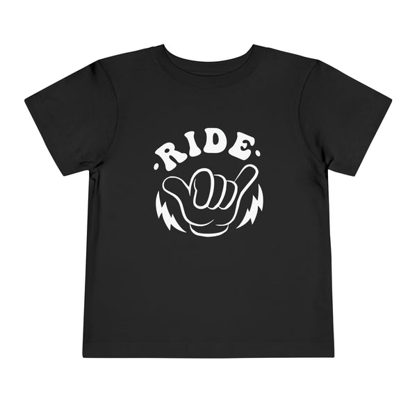 Retro Groovy Ride All Day with Shaka Hand Front and Back Toddler Short Sleeve Tee | Kids Race Girl Shirt | Ride Toddler Pit Crew T-Shirt