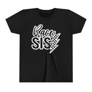 Race Sis With Checkered Lightning Bolt Youth Short Sleeve Tee | Kids Race Day Youth T-Shirt | SxS MX BMX Go Kart Dirt Track Car Race Sister