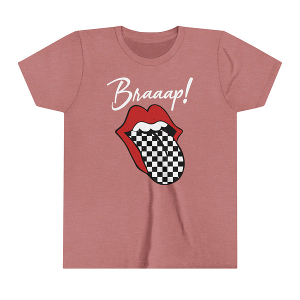 Braaap Youth Short Sleeve Tee | Kids Race Day Youth T-Shirt | SxS Moto Dirt Track Car Racing Shirts Lips Tongue Tee