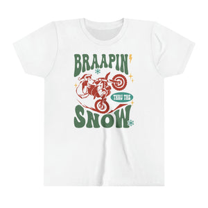 Braapin' Thru the Snow Santa on Dirt Bike Youth Short Sleeve Tee | Kids Moto Tees | Youth Merry Christmas Moto Shirt