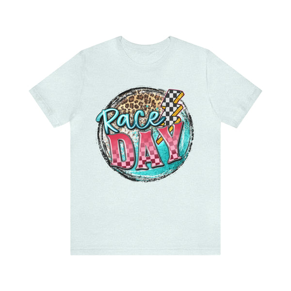 Race Day with Checkered Lightning Bolt and Leopard Print Unisex Jersey Short Sleeve Tee | Leopard Race Day Lightning Bolt T-Shirt