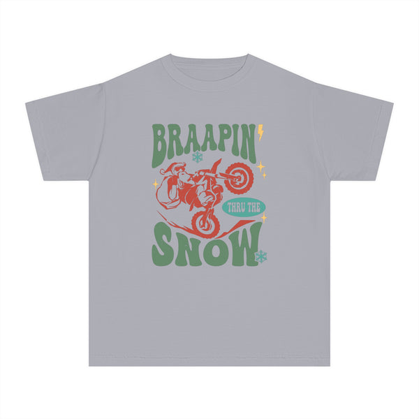 Braapin' Through the Snow Youth Garment-Dyed Midweight Tee | Kids Racing Themed Christmas T-Shirt