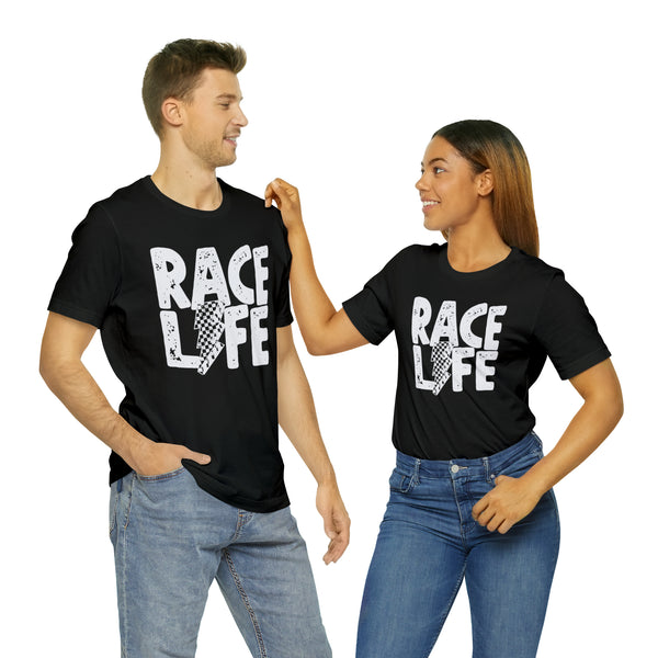 Race Life With Checkered Lightning Bolt Adult Unisex Jersey Short Sleeve Tee