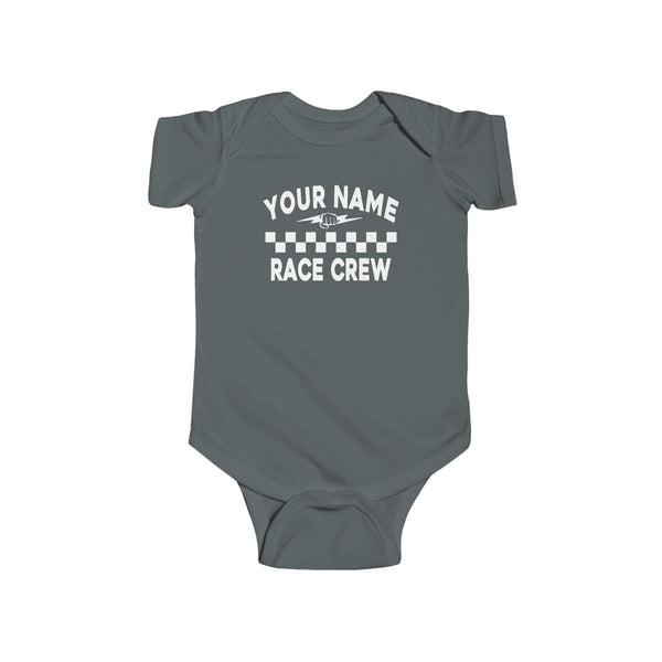 Personalized Your Name Race Crew with Fist and Lightning Bolt Infant Fine Jersey Bodysuit | Kids Race Shirt | Race Baby Pit Crew Bodysuit