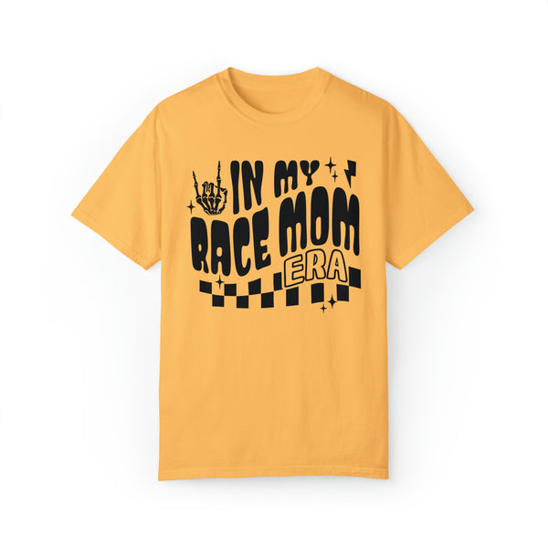 In My Race Mom Era Adult Unisex Garment-Dyed T-shirt | Funny Racing Themed Tee with Checkerboard Pattern