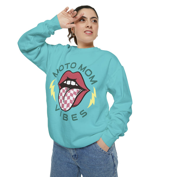 Moto Mom Vibes Unisex Garment-Dyed Sweatshirt | Moto Mom Race Day Sweatshirt | MX Motocross Dirt Track Sweatshirts Lips Tongue Lightning Bolt