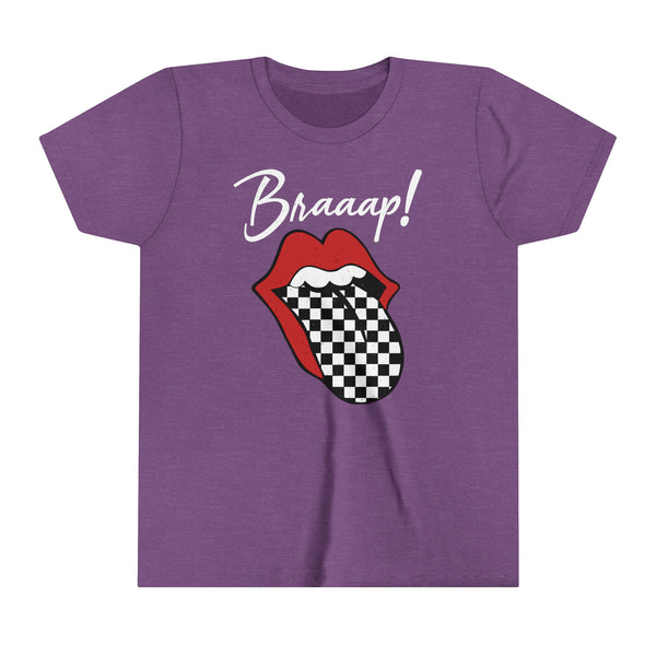 Braaap Youth Short Sleeve Tee | Kids Race Day Youth T-Shirt | SxS Moto Dirt Track Car Racing Shirts Lips Tongue Tee