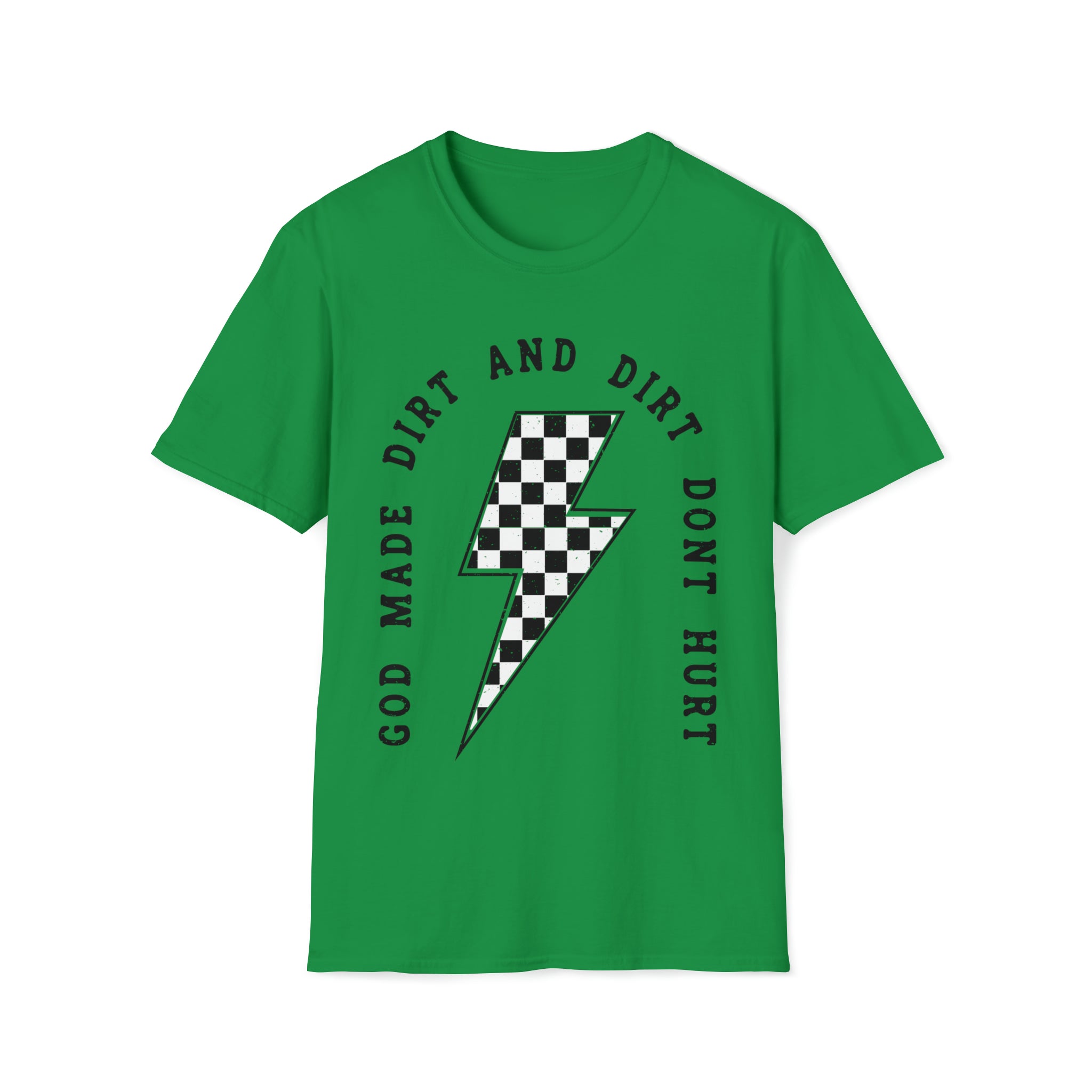 God Made Dirt and Dirt Don't Hurt with Checkered Lightning Bolt Adult Unisex Softstyle T-Shirt | Dirt Don't Hurt Race Day Shirt