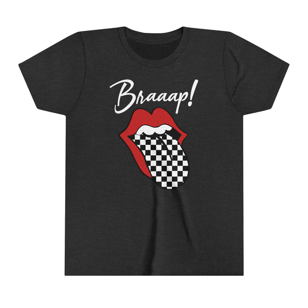 Braaap Youth Short Sleeve Tee | Kids Race Day Youth T-Shirt | SxS Moto Dirt Track Car Racing Shirts Lips Tongue Tee