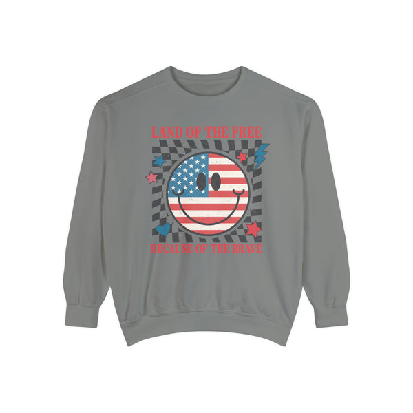 Land of the Free Because of the Brave Unisex Garment-Dyed Sweatshirt | Patriotic 4th of July Racing Sweatshirt