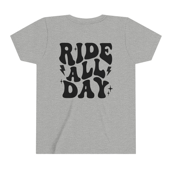 Retro Groovy Ride All Day with Shaka Hand Front and Back Youth Short Sleeve Tee | Kids Race Tees | Youth Riding Day Shirt