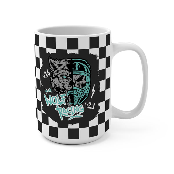 Wolf Racing with Checkered Flag Background Ceramic Coffee Mug 15oz | Moto Mom Coffee Mug