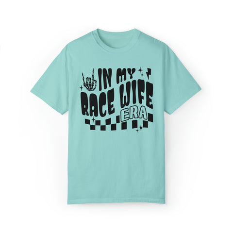 In My Race Wife Era Adult Unisex Garment-Dyed T-shirt | Funny Racing Themed Tee with Checkerboard Pattern