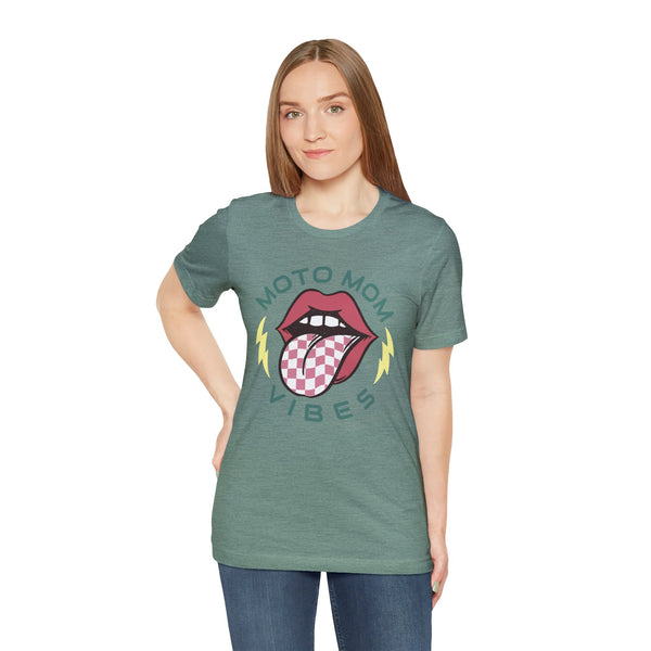 Moto Mom Vibes Adult Unisex Jersey Short Sleeve Tee | Moto Mom Race Day Shirt | MX Motocross Dirt Track Shirts Lips Tongue Lightning Bolt