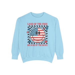 Land of the Free Because of the Brave Unisex Garment-Dyed Sweatshirt | Patriotic 4th of July Racing Sweatshirt