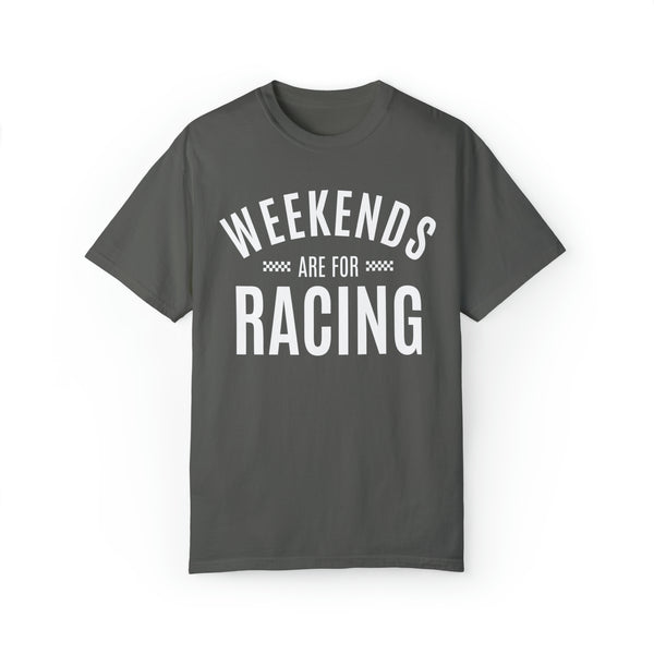 Weekends are for Racing Adult Unisex Garment-Dyed T-shirt | Funny Racing Themed Tee with Checkerboard Pattern