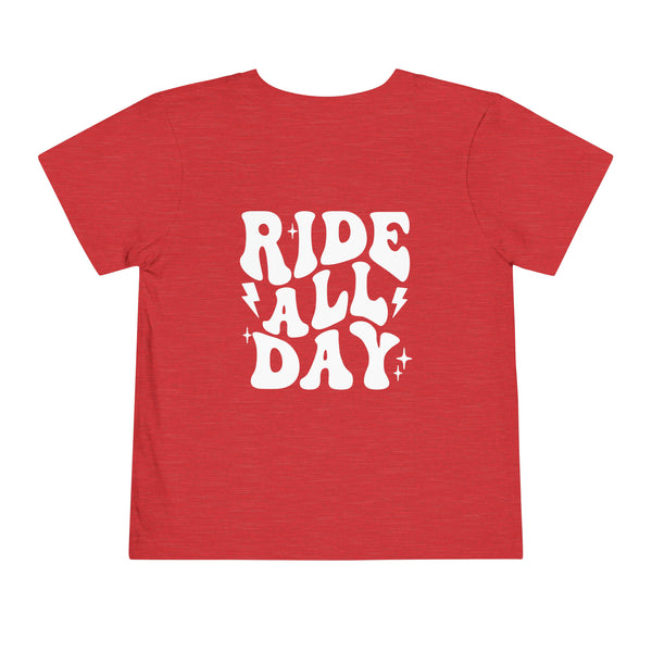 Retro Groovy Ride All Day with Shaka Hand Front and Back Toddler Short Sleeve Tee | Kids Race Girl Shirt | Ride Toddler Pit Crew T-Shirt